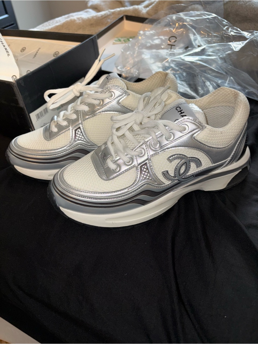 CHANEL White & Silver Platform Logo Sneakers